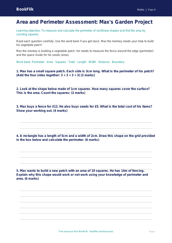 Free Area And Perimeter Assessment | Year 4 Supported | BookFlik worksheet preview — Maths Area And Perimeter