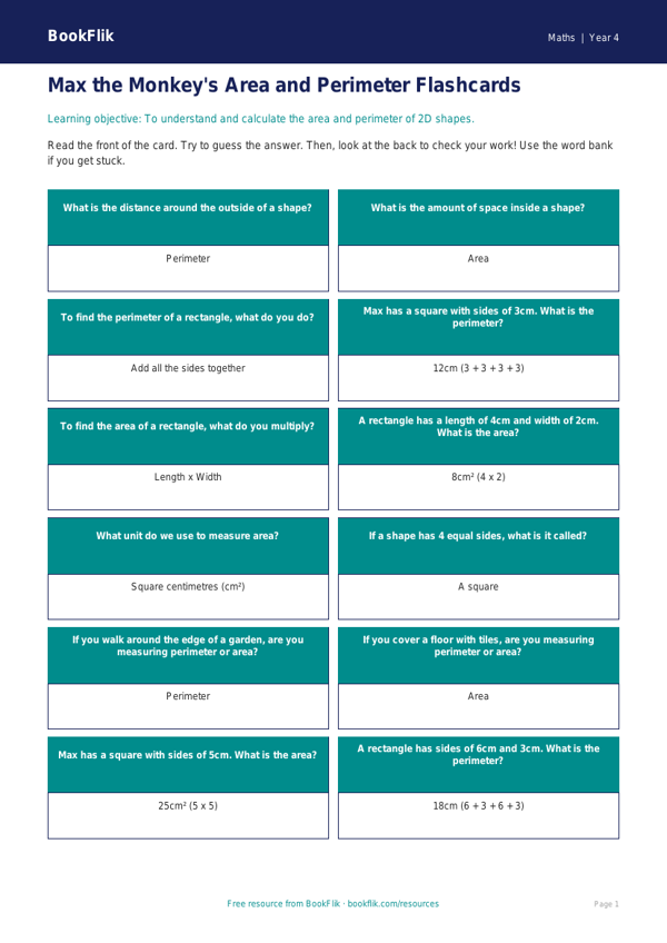 Free Area And Perimeter Flashcards | Year 4 Supported | BookFlik worksheet preview — Maths Area And Perimeter
