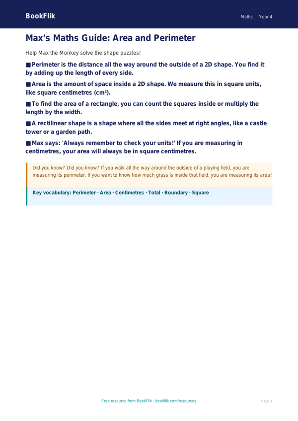 Free Area And Perimeter Poster | Year 4 Supported | BookFlik worksheet preview — Maths Area And Perimeter