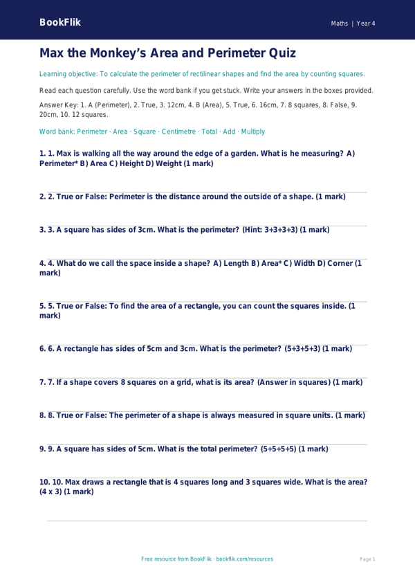 Free Area And Perimeter Quiz | Year 4 Supported | BookFlik worksheet preview — Maths Area And Perimeter