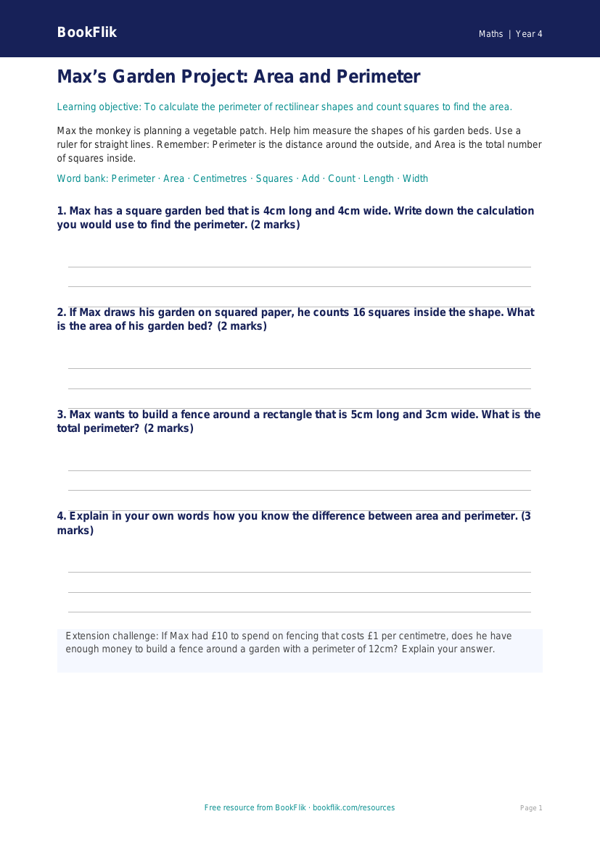 Free Area And Perimeter Template | Year 4 Supported | BookFlik worksheet preview — Maths Area And Perimeter