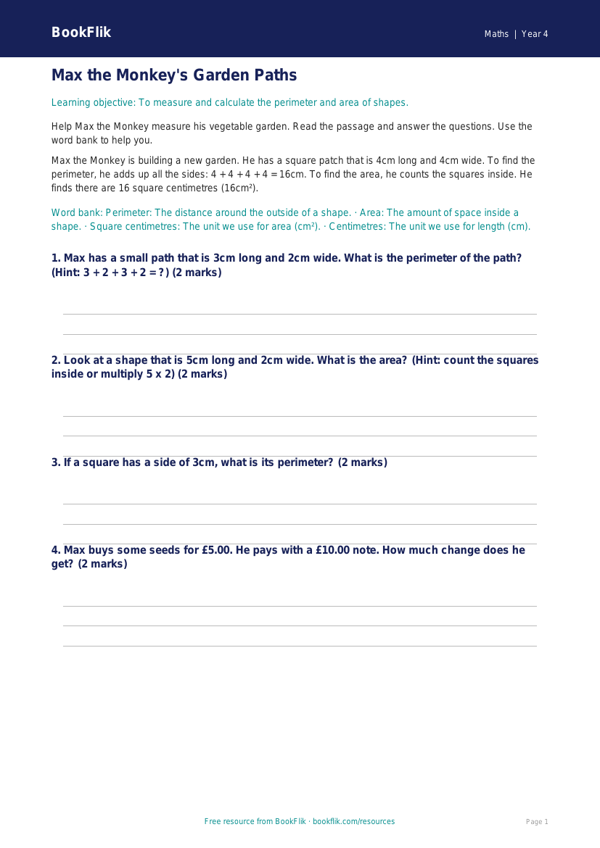 Free Area And Perimeter Track Sheet | Year 4 Supported | BookFlik worksheet preview — Maths Area And Perimeter