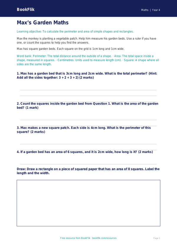Free Area And Perimeter Worksheet | Year 4 Supported | BookFlik worksheet preview — Maths Area And Perimeter