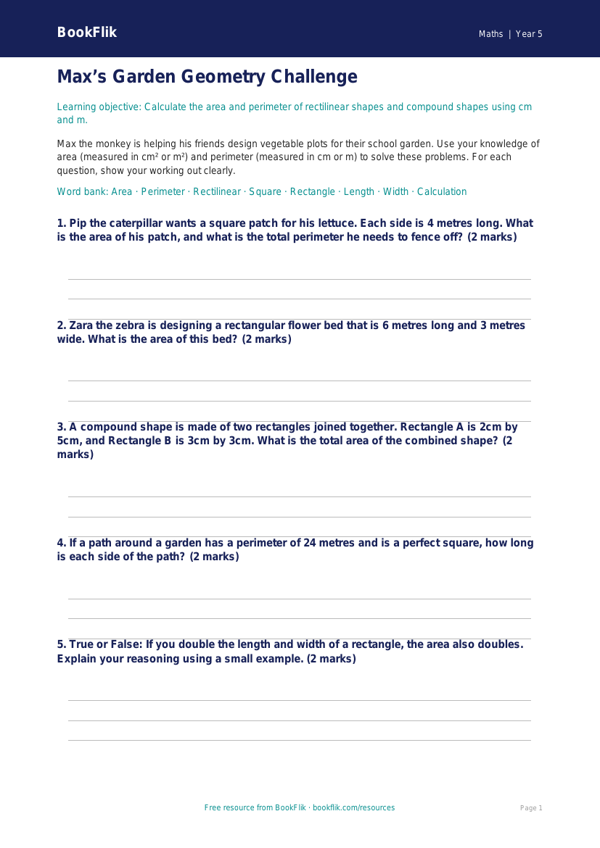 Free Area And Perimeter Activity Sheet | Year 5 Core | BookFlik worksheet preview — Maths Area And Perimeter