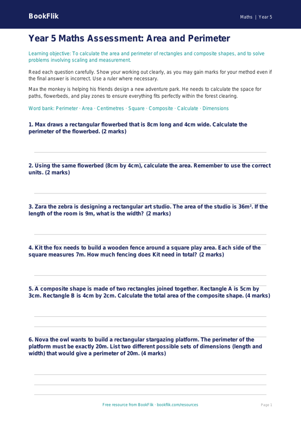Free Area And Perimeter Assessment | Year 5 Core | BookFlik worksheet preview — Maths Area And Perimeter