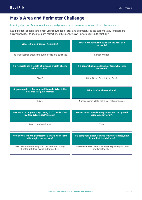 Free Area And Perimeter Flashcards | Year 5 Core | BookFlik worksheet preview — Maths Area And Perimeter