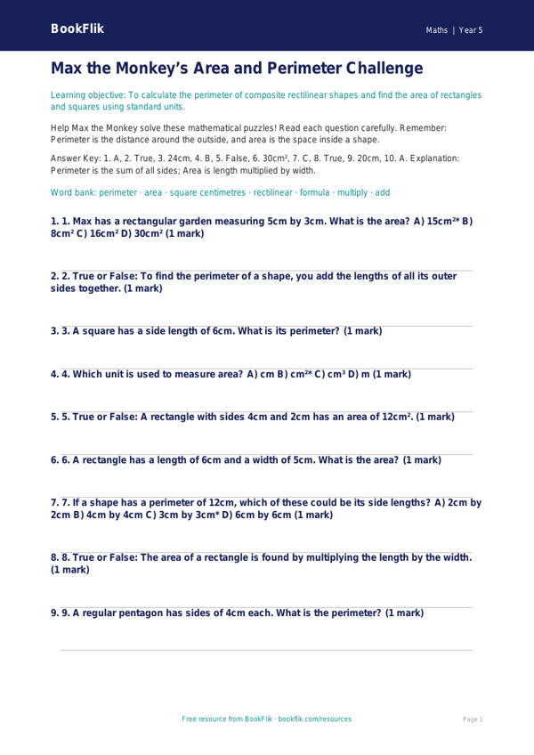 Free Area And Perimeter Quiz | Year 5 Core | BookFlik worksheet preview — Maths Area And Perimeter