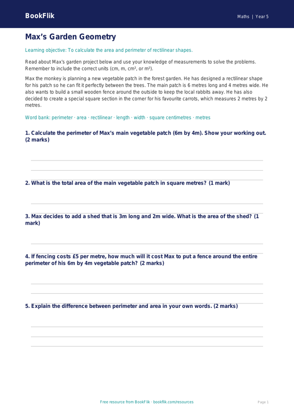 Free Area And Perimeter Track Sheet | Year 5 Core | BookFlik worksheet preview — Maths Area And Perimeter