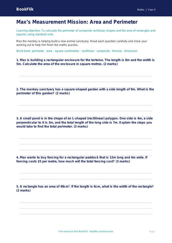 Free Area And Perimeter Worksheet | Year 5 Core | BookFlik worksheet preview — Maths Area And Perimeter