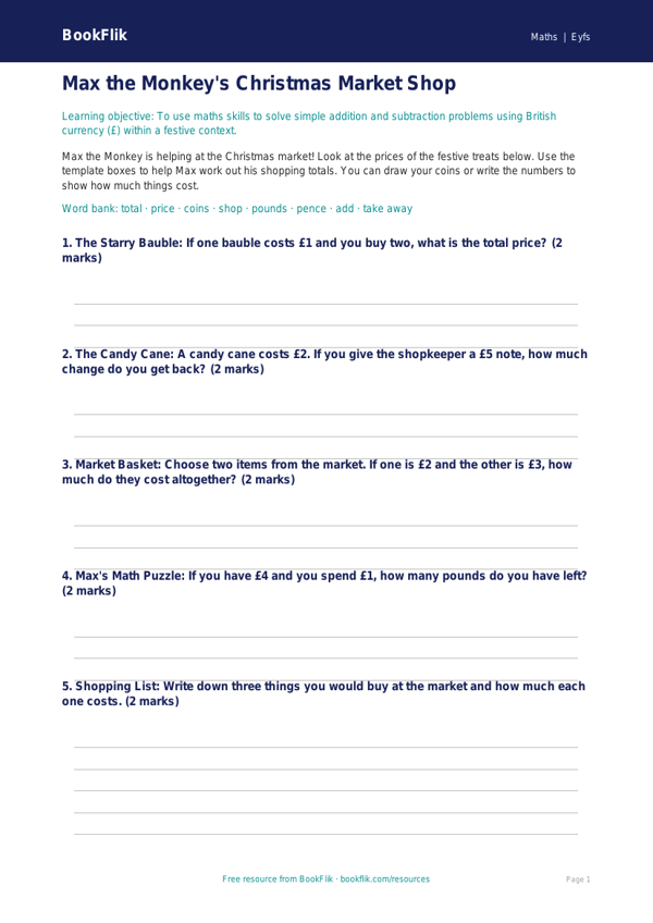Free Christmas Maths Template | EYFS Core | BookFlik worksheet preview — Maths Christmas Maths