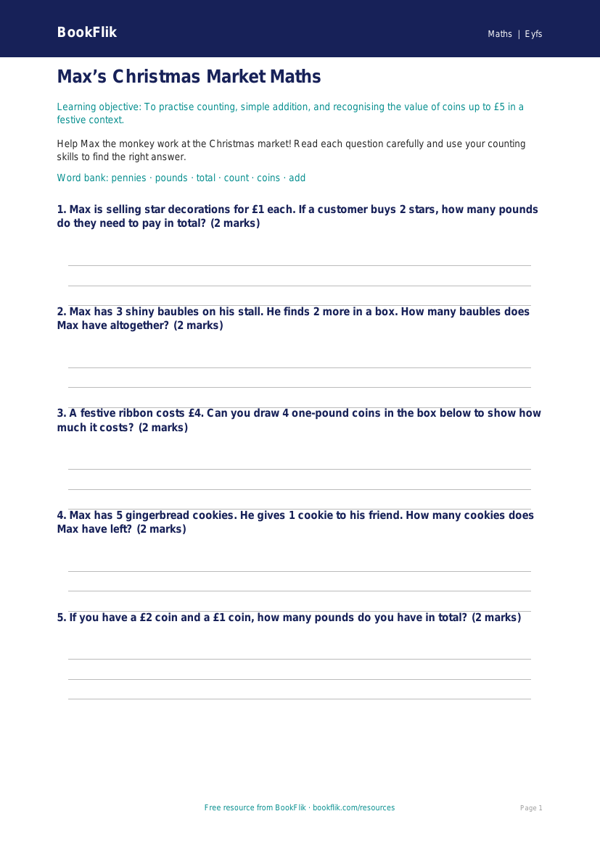 Free Christmas Maths Worksheet | EYFS Core | BookFlik worksheet preview — Maths Christmas Maths