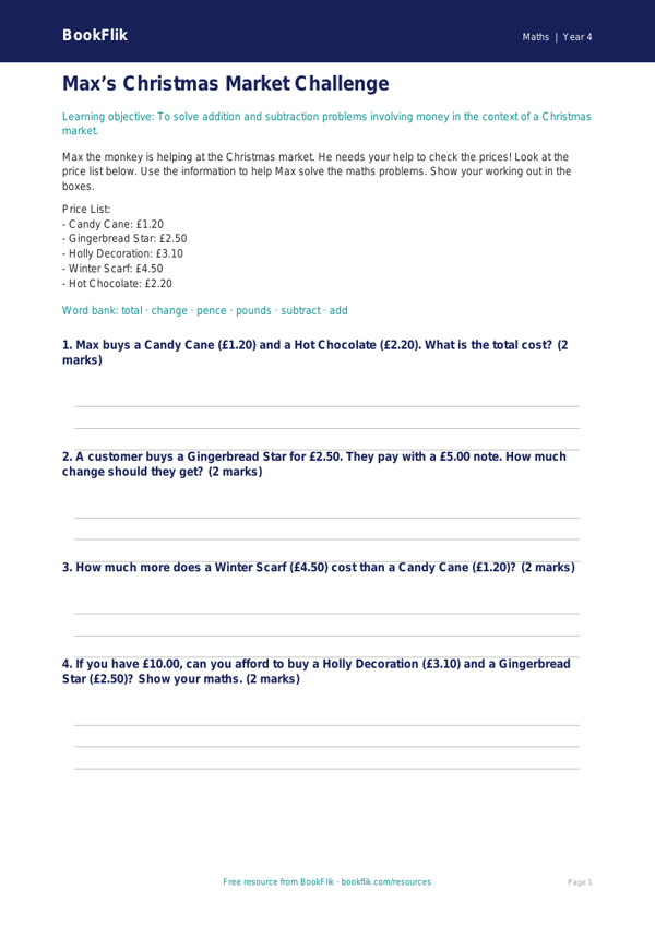 Free Christmas Maths Activity Sheet | Year 4 Supported | BookFlik worksheet preview — Maths Christmas Maths