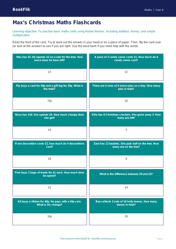 Free Christmas Maths Flashcards | Year 4 Supported | BookFlik worksheet preview — Maths Christmas Maths