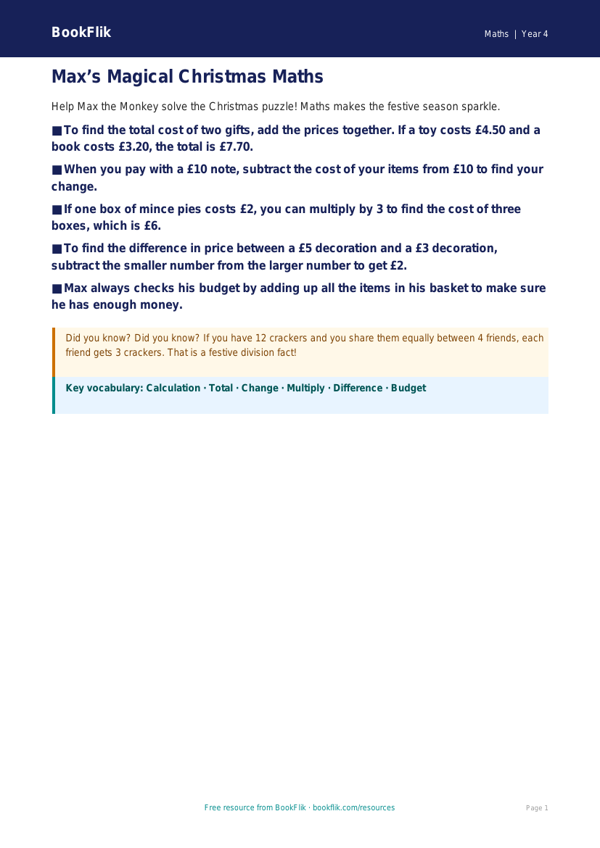 Free Christmas Maths Poster | Year 4 Supported | BookFlik worksheet preview — Maths Christmas Maths