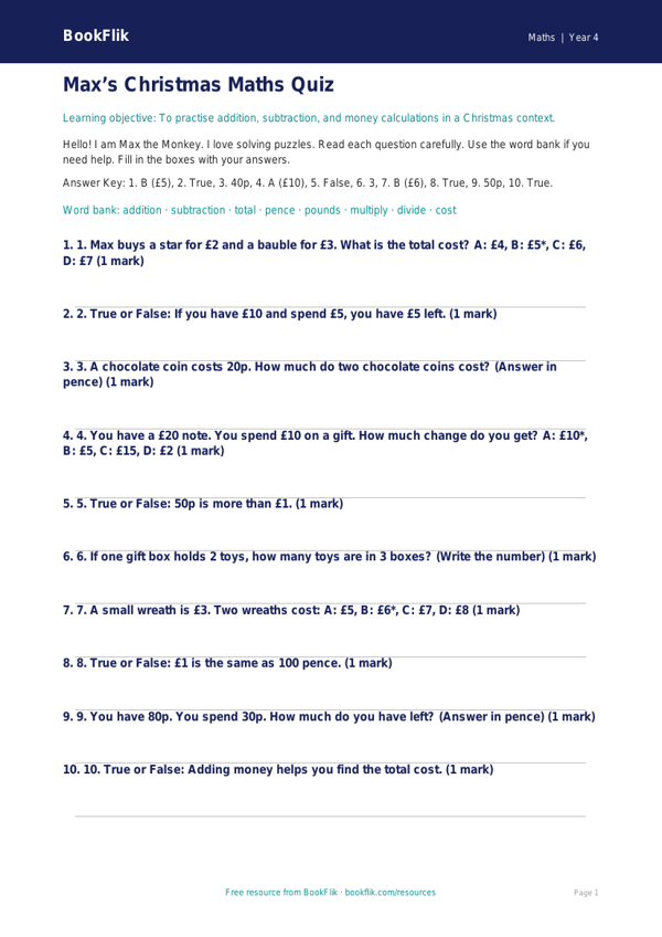 Free Christmas Maths Quiz | Year 4 Supported | BookFlik worksheet preview — Maths Christmas Maths