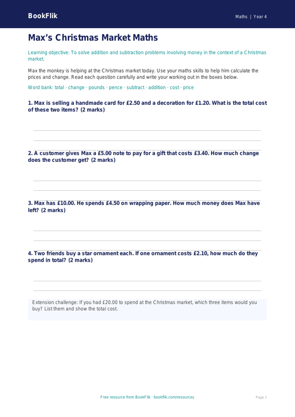 Free Christmas Maths Template | Year 4 Supported | BookFlik worksheet preview — Maths Christmas Maths