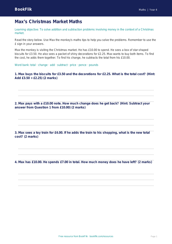 Free Christmas Maths Track Sheet | Year 4 Supported | BookFlik worksheet preview — Maths Christmas Maths