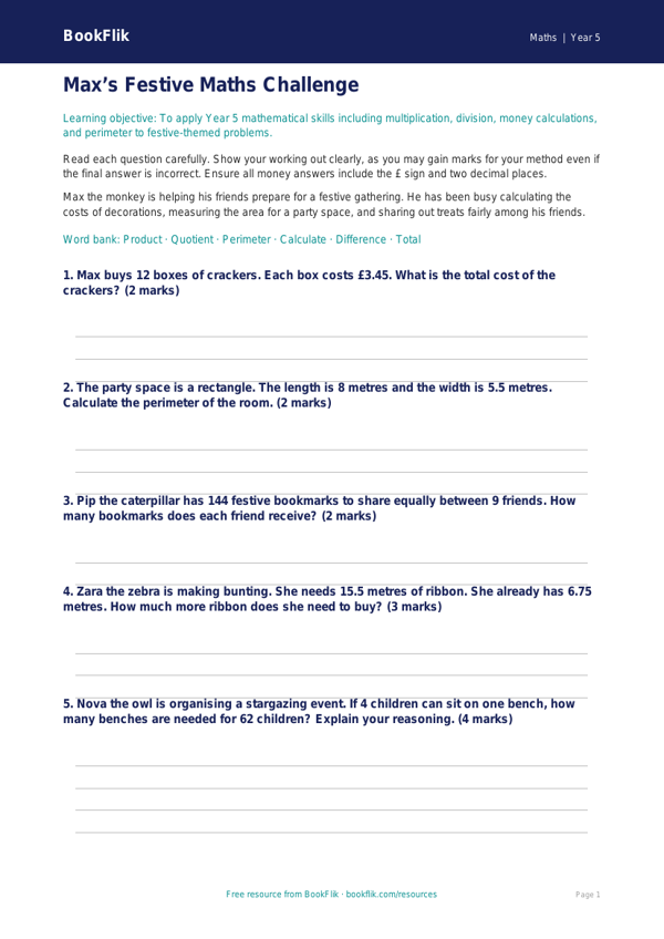 Free Christmas Maths Assessment | Year 5 Core | BookFlik worksheet preview — Maths Christmas Maths
