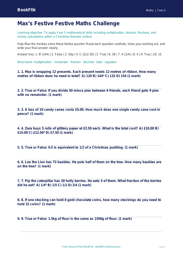 Free Christmas Maths Quiz | Year 5 Core | BookFlik worksheet preview — Maths Christmas Maths