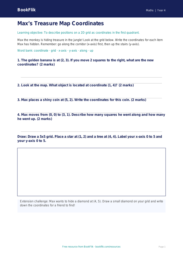 Free Coordinates Activity Sheet | Year 4 Supported | BookFlik worksheet preview — Maths Coordinates