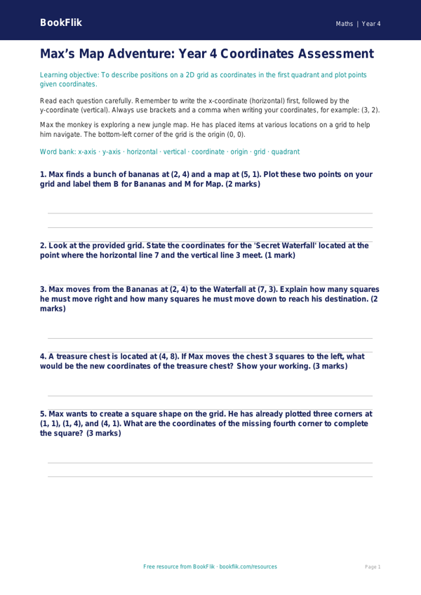 Free Coordinates Assessment | Year 4 Greater Depth | BookFlik worksheet preview — Maths Coordinates