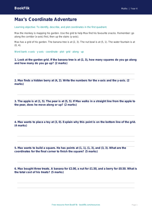 Free Coordinates Assessment | Year 4 Supported | BookFlik worksheet preview — Maths Coordinates