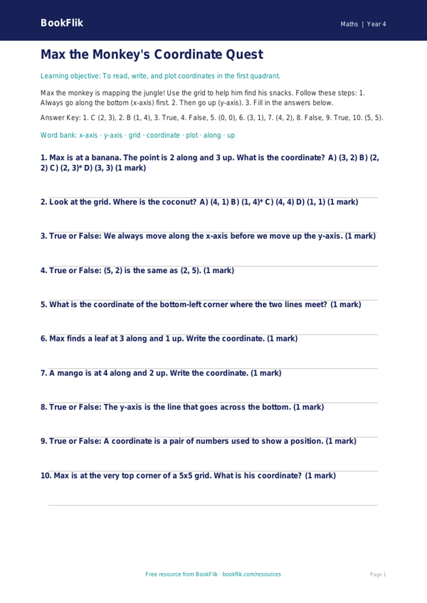 Free Coordinates Quiz | Year 4 Supported | BookFlik worksheet preview — Maths Coordinates