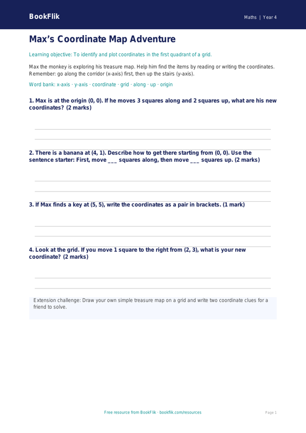 Free Coordinates Template | Year 4 Supported | BookFlik worksheet preview — Maths Coordinates