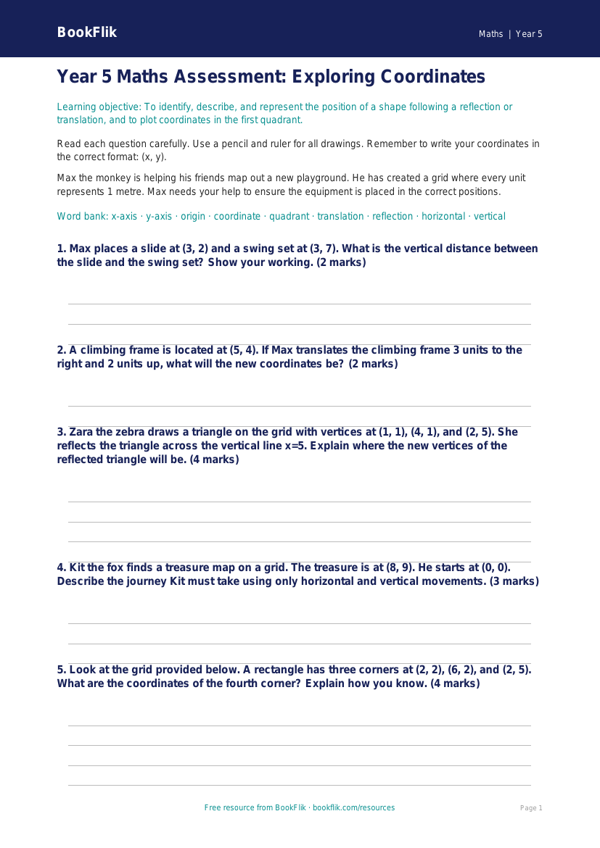 Free Coordinates Assessment | Year 5 Core | BookFlik worksheet preview — Maths Coordinates