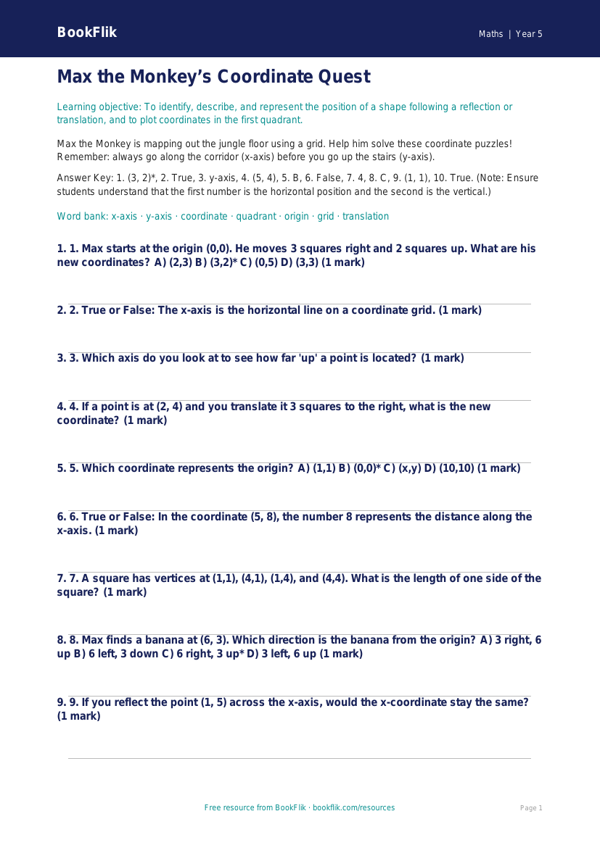 Free Coordinates Quiz | Year 5 Core | BookFlik worksheet preview — Maths Coordinates