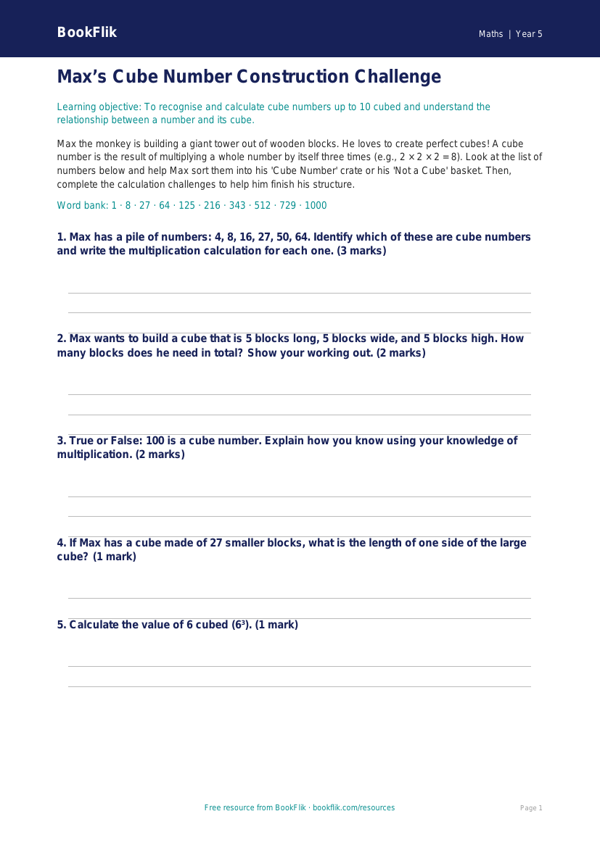 Free Cube Numbers Activity Sheet | Year 5 Core | BookFlik worksheet preview — Maths Cube Numbers