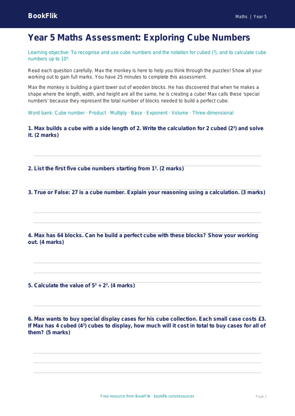 Free Cube Numbers Assessment | Year 5 Core | BookFlik worksheet preview — Maths Cube Numbers