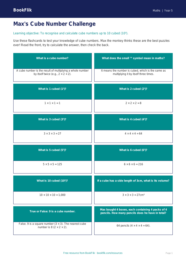 Free Cube Numbers Flashcards | Year 5 Core | BookFlik worksheet preview — Maths Cube Numbers