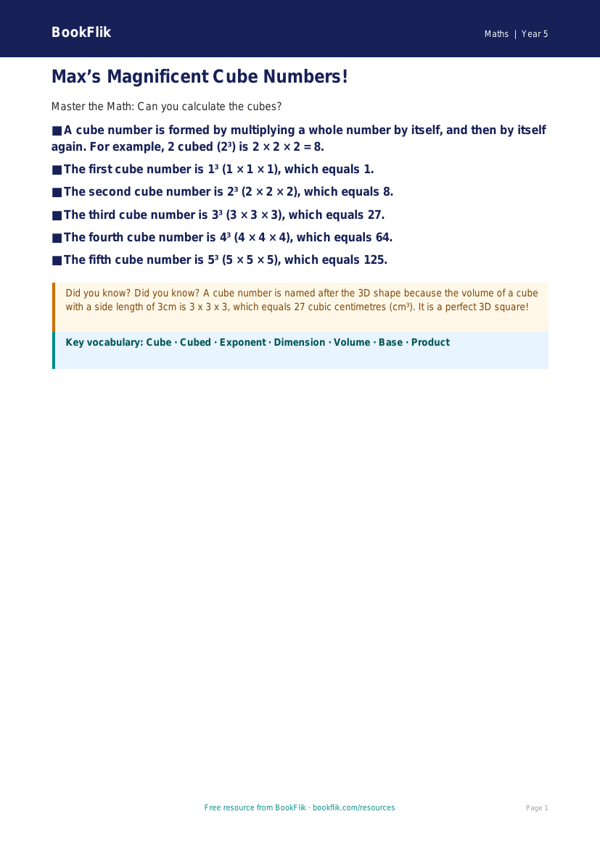 Free Cube Numbers Poster | Year 5 Core | BookFlik worksheet preview — Maths Cube Numbers