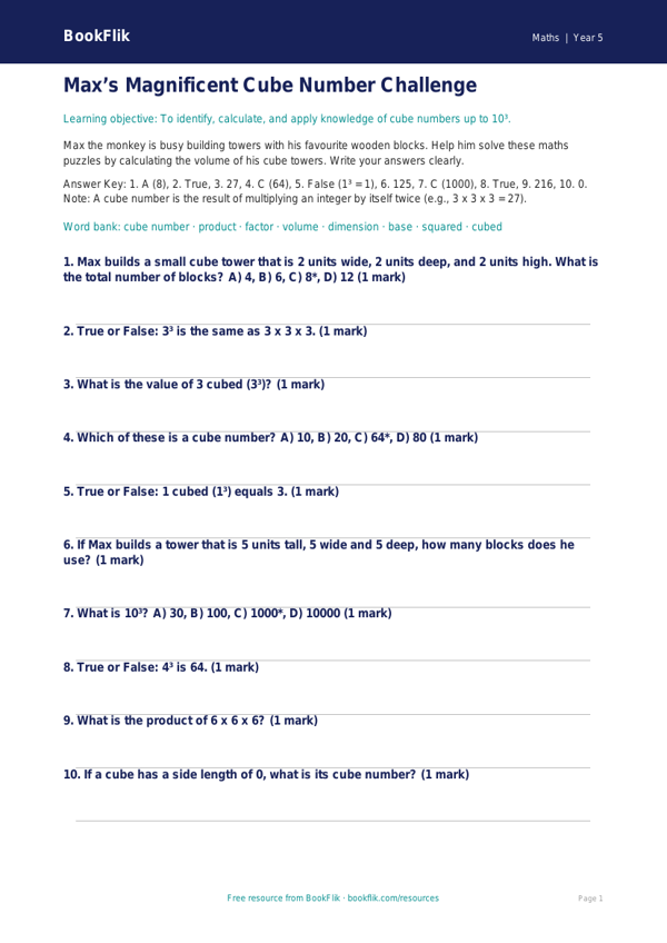 Free Cube Numbers Quiz | Year 5 Core | BookFlik worksheet preview — Maths Cube Numbers
