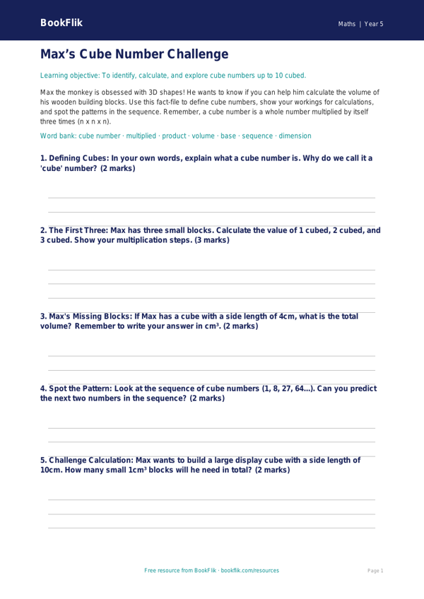 Free Cube Numbers Template | Year 5 Core | BookFlik worksheet preview — Maths Cube Numbers