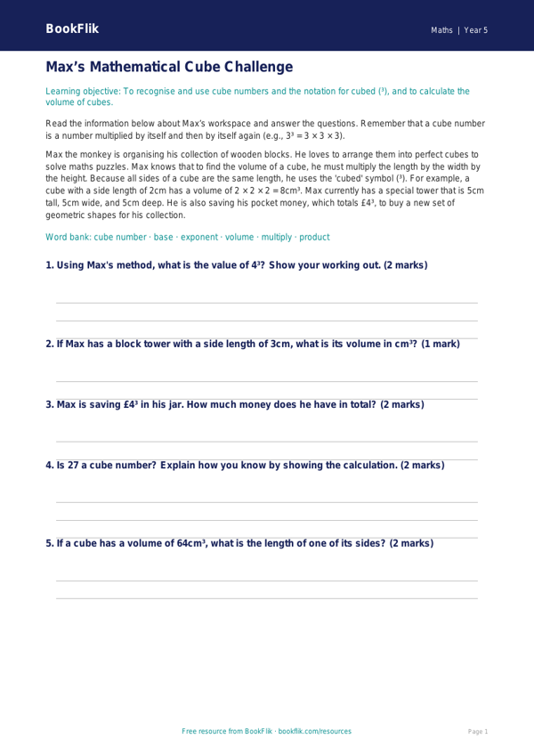 Free Cube Numbers Track Sheet | Year 5 Core | BookFlik worksheet preview — Maths Cube Numbers