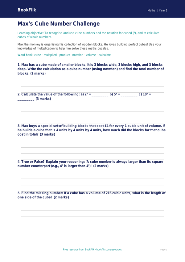 Free Cube Numbers Worksheet | Year 5 Core | BookFlik worksheet preview — Maths Cube Numbers