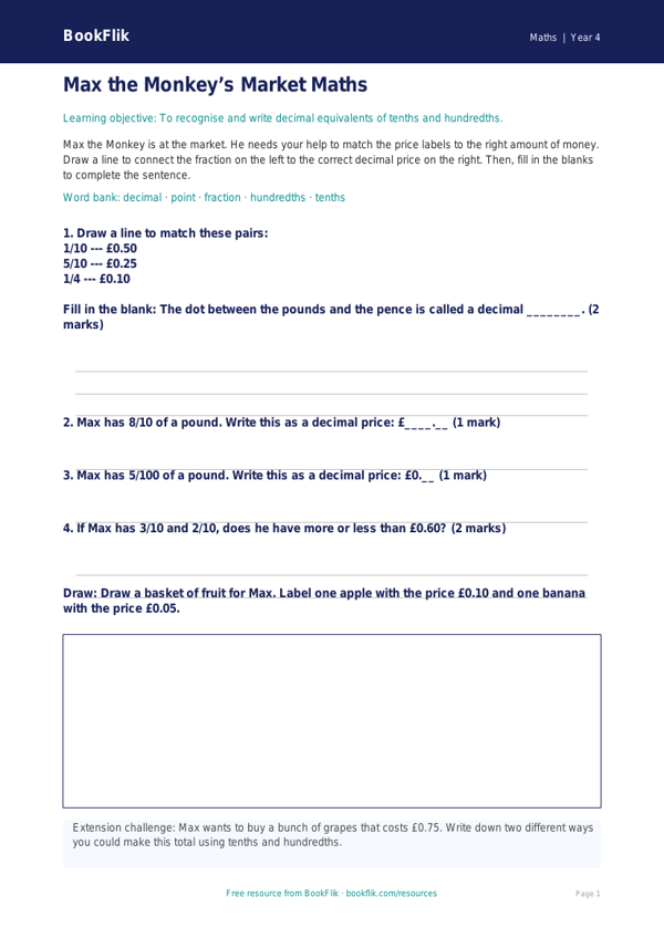 Free Decimals Activity Sheet | Year 4 Supported | BookFlik worksheet preview — Maths Decimals