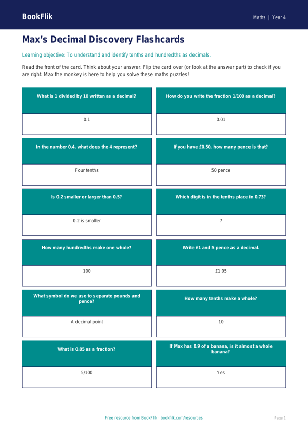 Free Decimals Flashcards | Year 4 Supported | BookFlik worksheet preview — Maths Decimals