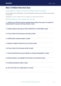 Free Decimals Quiz | Year 4 Supported | BookFlik