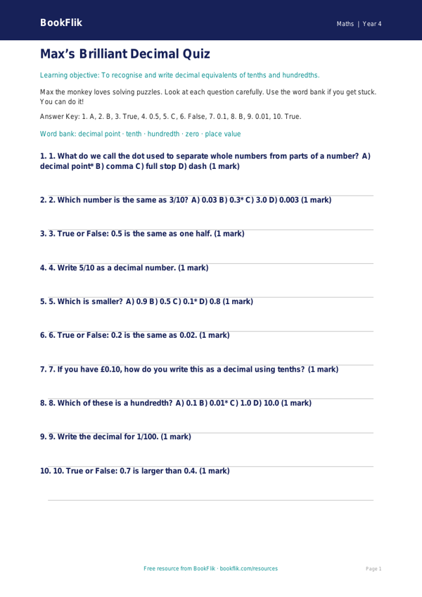 Free Decimals Quiz | Year 4 Supported | BookFlik worksheet preview — Maths Decimals