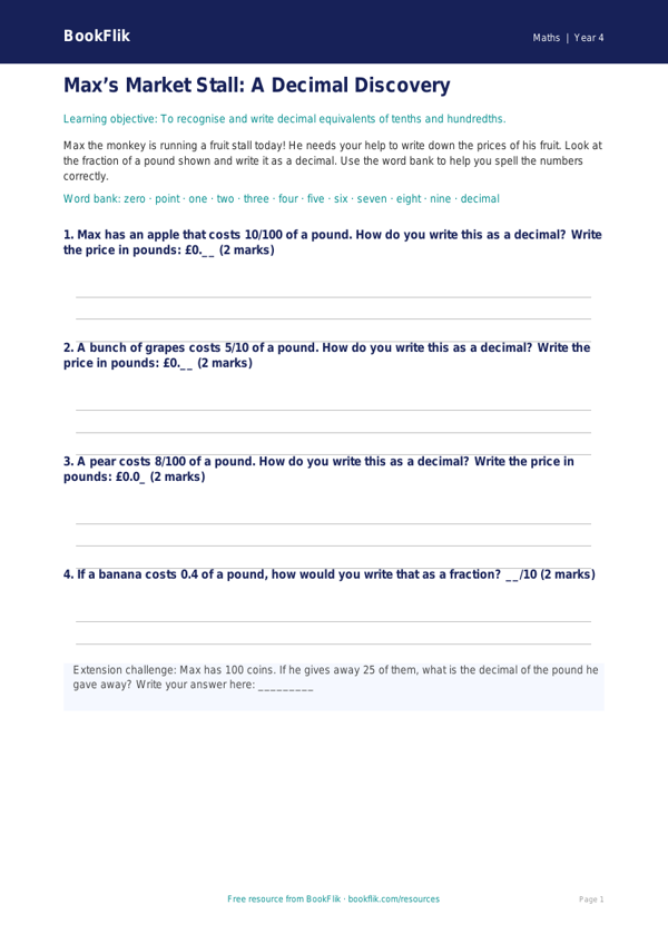 Free Decimals Template | Year 4 Supported | BookFlik worksheet preview — Maths Decimals