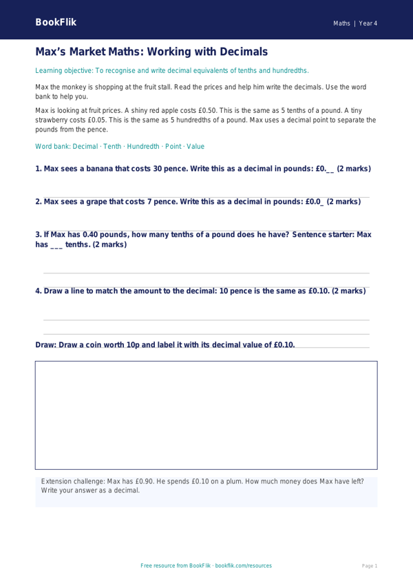 Free Decimals Track Sheet | Year 4 Supported | BookFlik worksheet preview — Maths Decimals