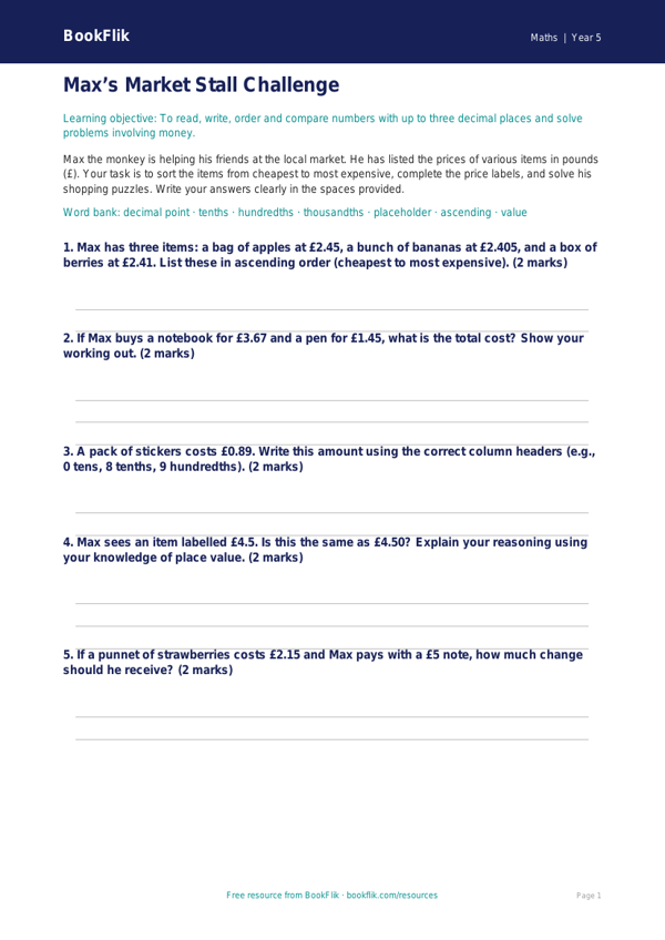 Free Decimals Activity Sheet | Year 5 Core | BookFlik worksheet preview — Maths Decimals