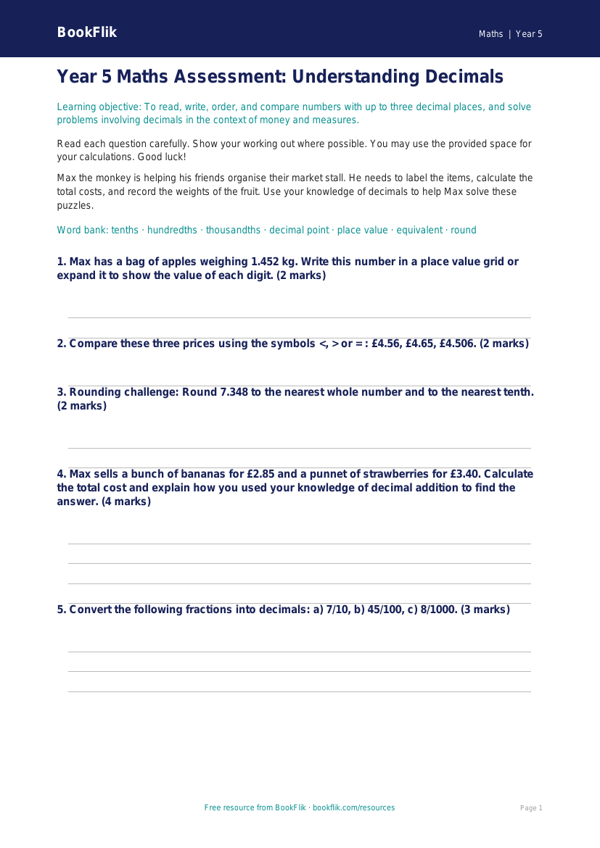 Free Decimals Assessment | Year 5 Core | BookFlik worksheet preview — Maths Decimals