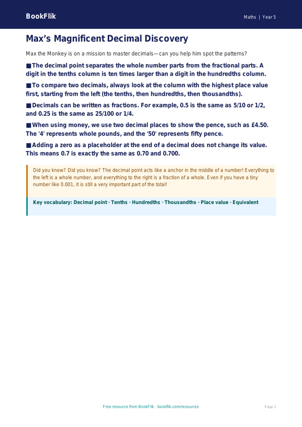 Free Decimals Poster | Year 5 Core | BookFlik worksheet preview — Maths Decimals
