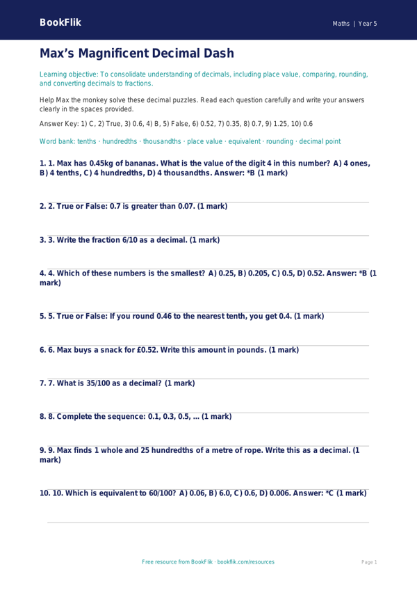 Free Decimals Quiz | Year 5 Core | BookFlik worksheet preview — Maths Decimals