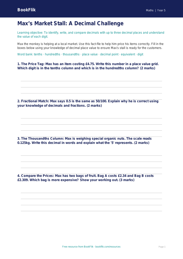 Free Decimals Worksheet | Year 5 Maths Practice | BookFlik worksheet preview — Maths Decimals