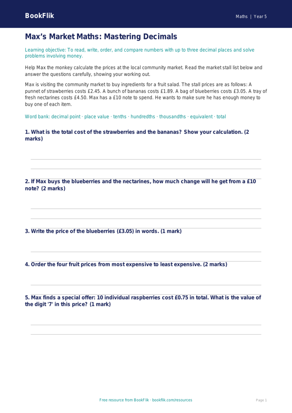 Free Decimals Track Sheet | Year 5 Core | BookFlik worksheet preview — Maths Decimals